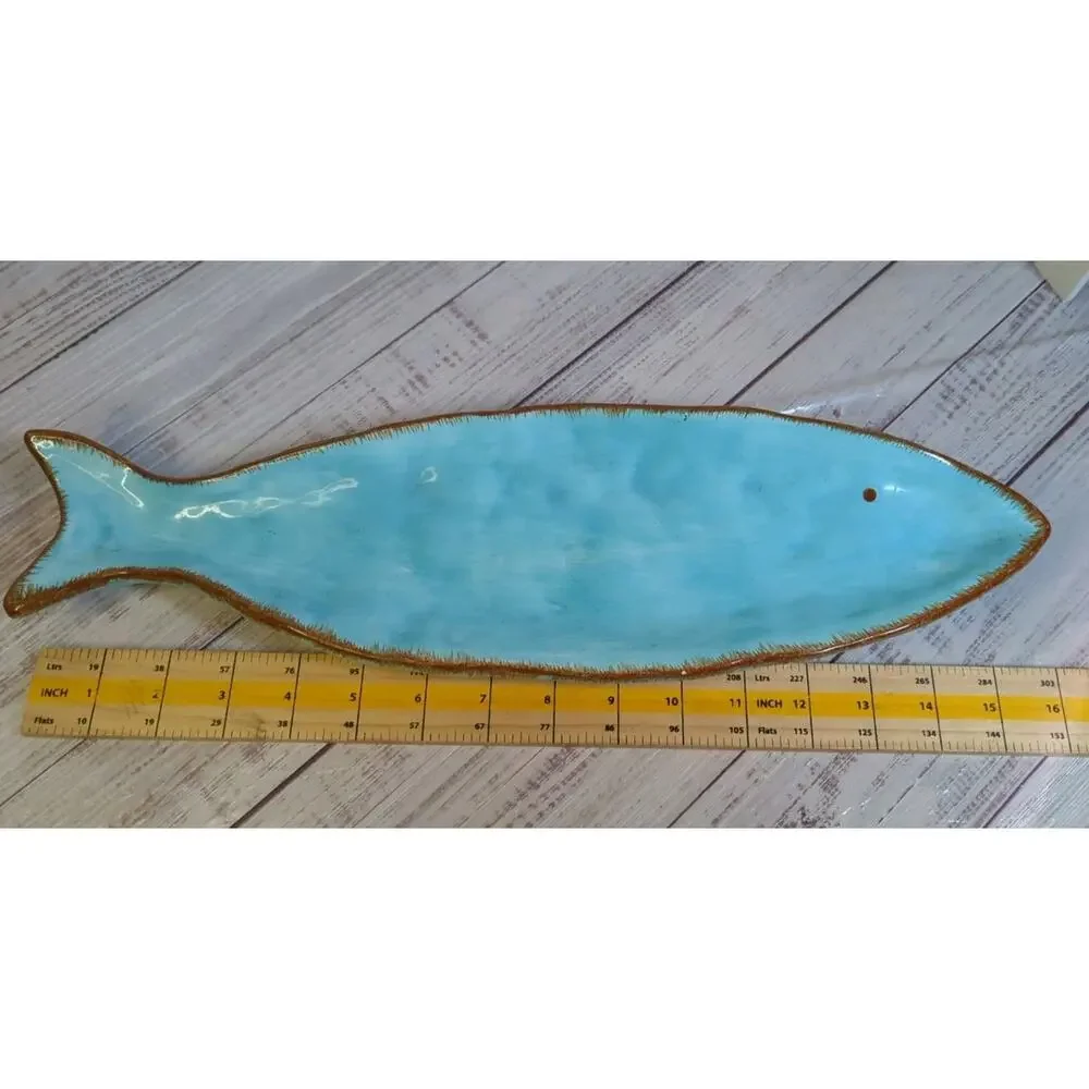 Blue Aqua Ceramic Fish Shaped Serve Ocean Decor Trinket Dish 16"L, 5"W, 1 1/2"H - Picture 5 of 7